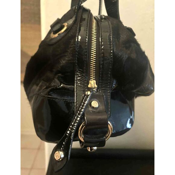 Francesco Biasia Large Black Leather & Calf Hair Satchel Doctor Bag Gold Ring - Picture 4 of 6